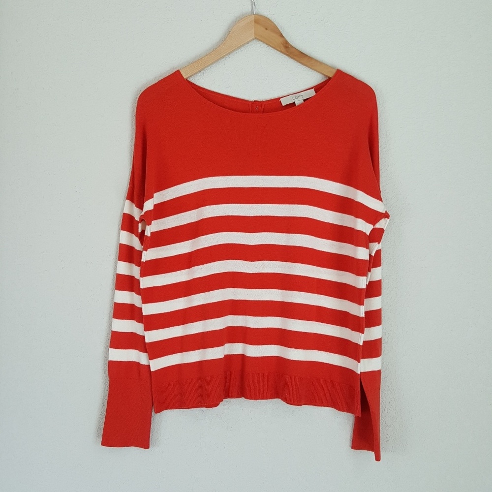 LOFT Striped Button Back Red White Sweater Large